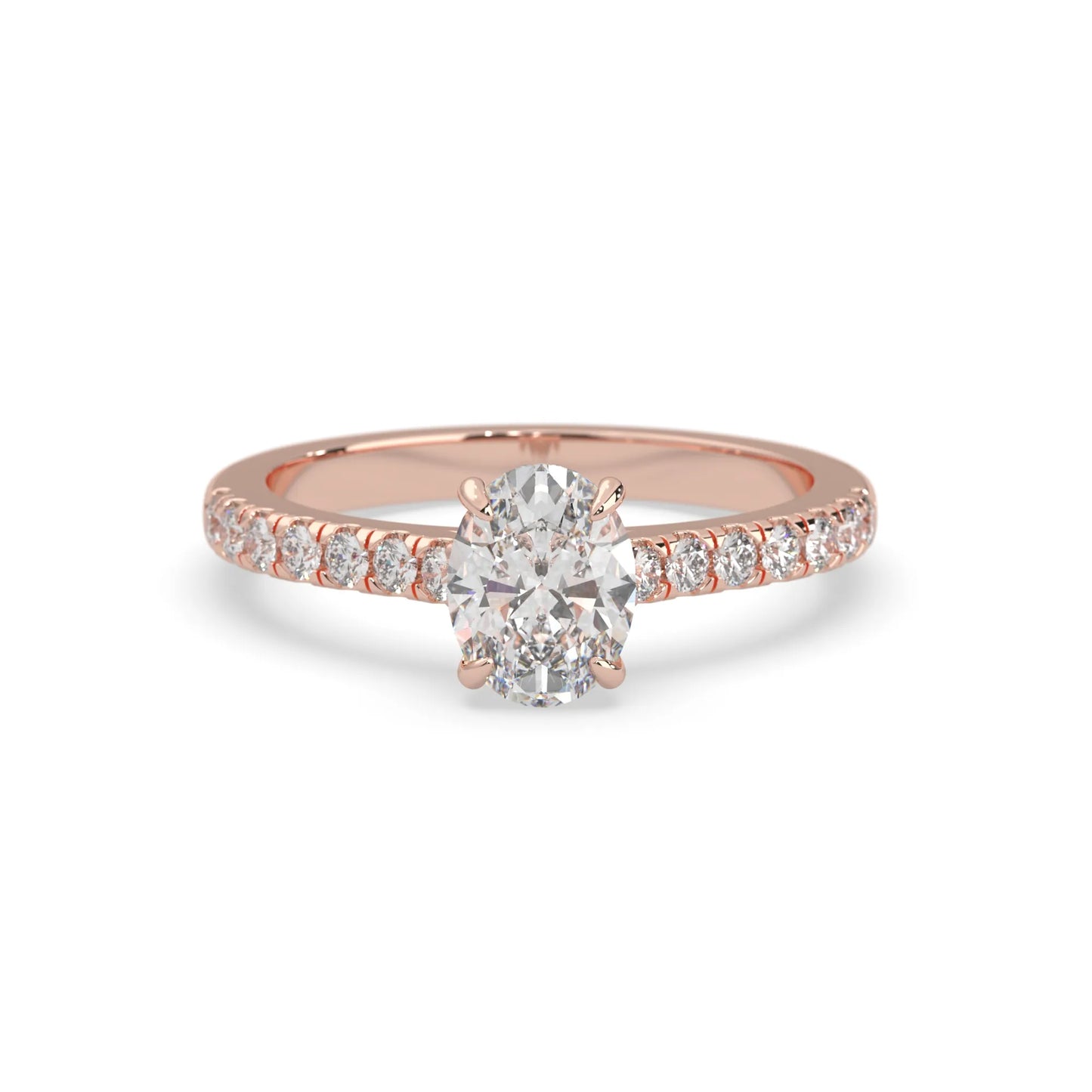 Oval cut lab grown diamond prong set engagement ring with pavé band and rose gold  metal tone design