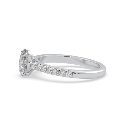 Oval cut lab grown diamond prong set engagement ring with pavé band and white gold  metal tone design