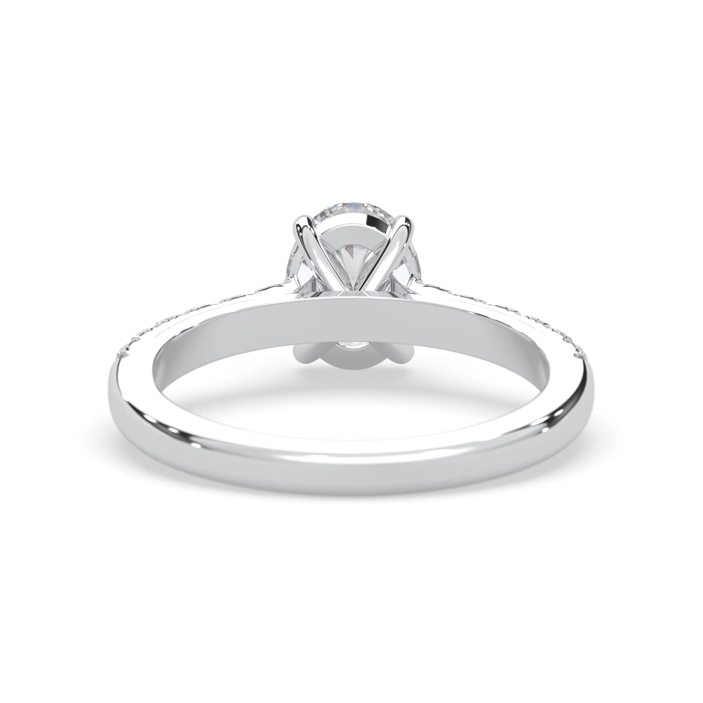 Oval cut lab grown diamond prong set engagement ring with pavé band and white gold  metal tone design