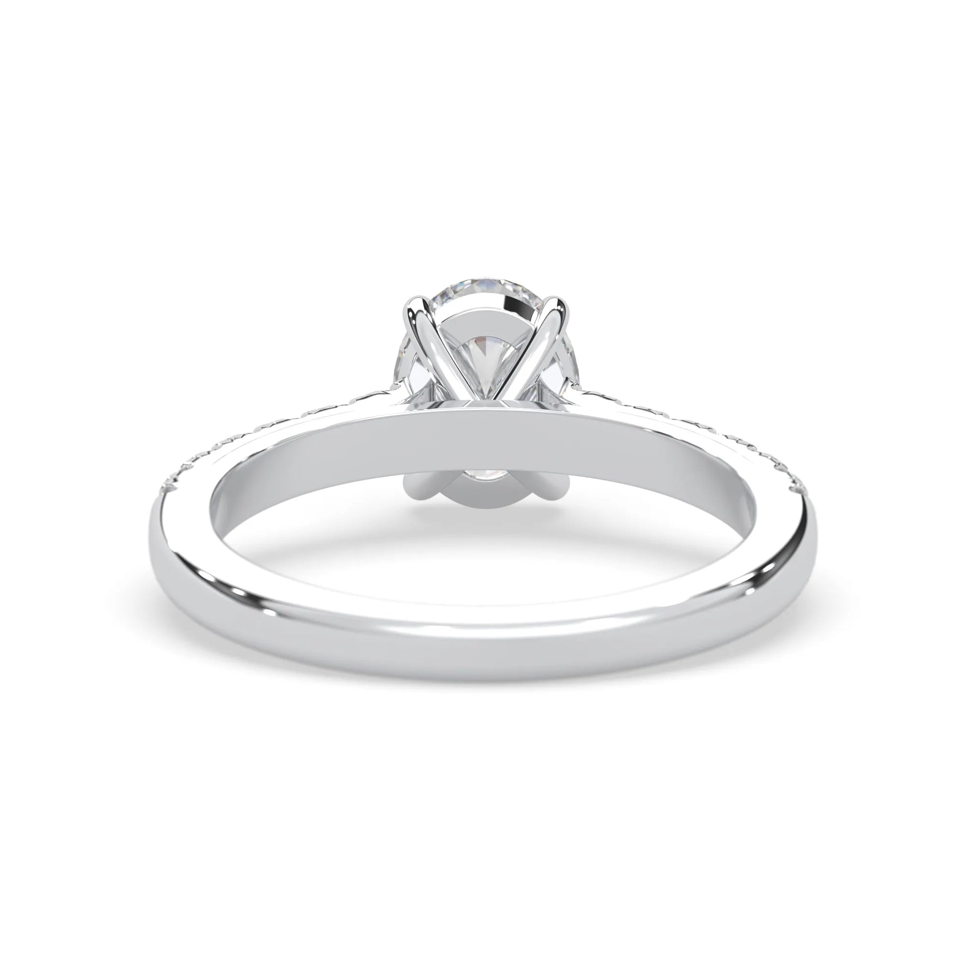 Oval cut lab grown diamond prong set engagement ring with pavé band and white gold  metal tone design
