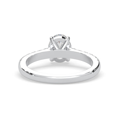 Oval cut lab grown diamond prong set engagement ring with pavé band and white gold  metal tone design