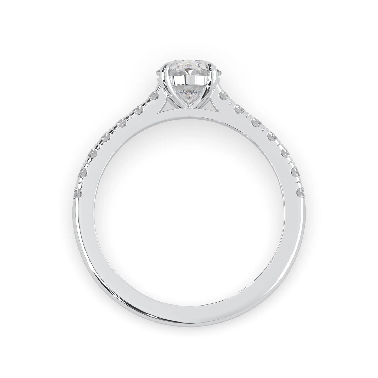 Oval cut lab grown diamond prong set engagement ring with pavé band and white gold  metal tone design