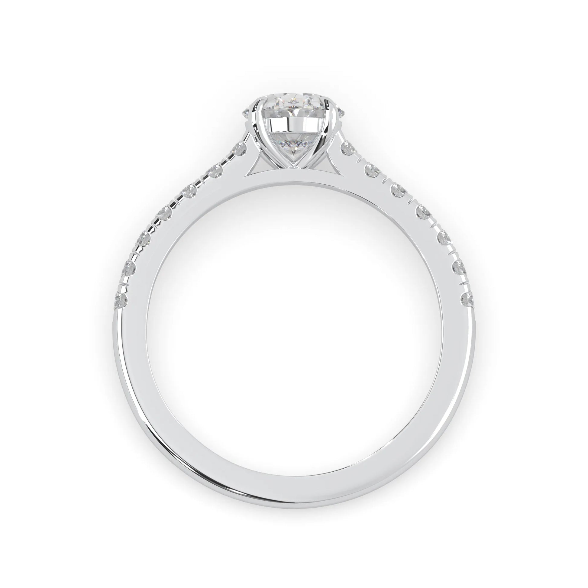 Oval cut lab grown diamond prong set engagement ring with pavé band and white gold  metal tone design