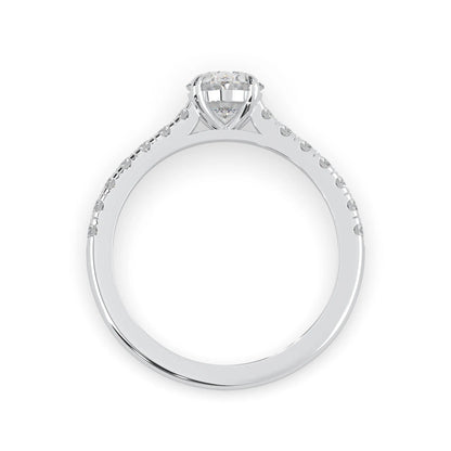 Oval cut lab grown diamond prong set engagement ring with pavé band and white gold  metal tone design