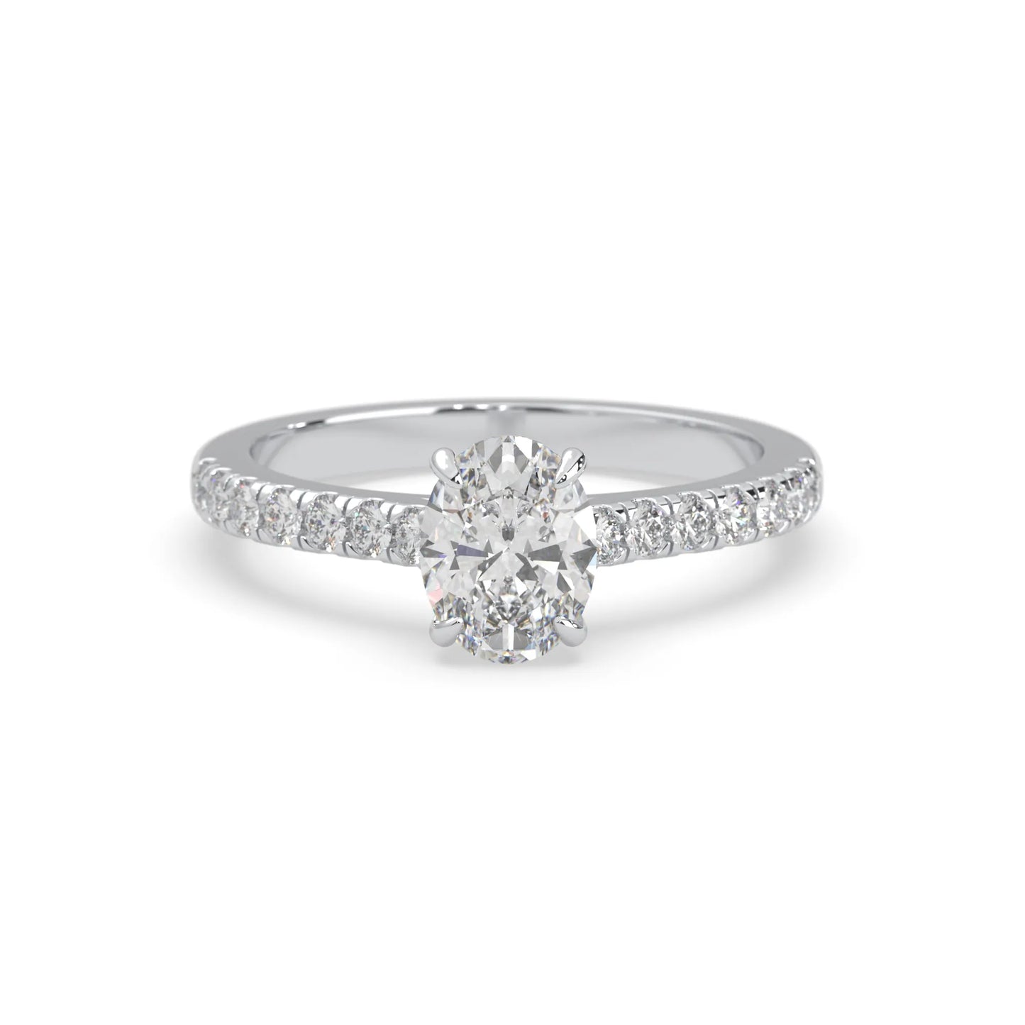 Oval cut lab grown diamond prong set engagement ring with pavé band and white gold  metal tone design