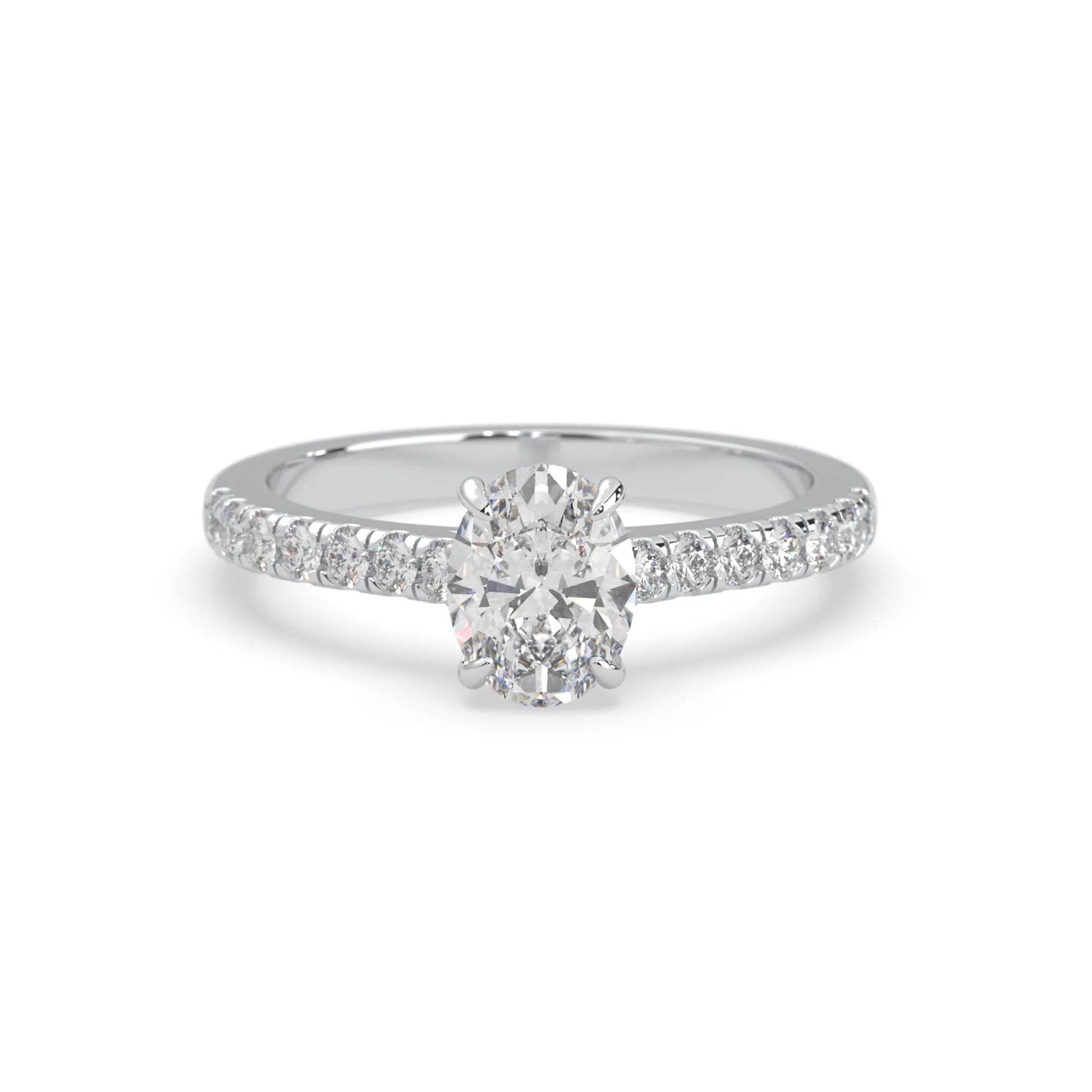 Oval cut lab grown diamond prong set engagement ring with pavé band and white gold  metal tone design