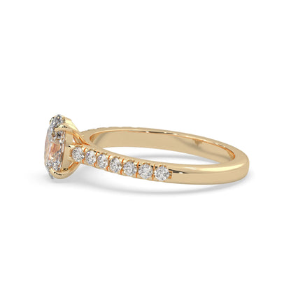 Oval cut lab grown diamond prong set engagement ring with pavé band and yellow gold  metal tone design