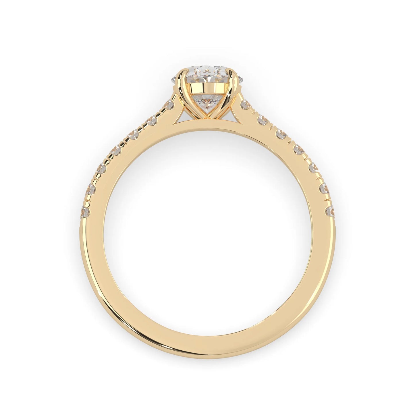 Oval cut lab grown diamond prong set engagement ring with pavé band and yellow gold  metal tone design