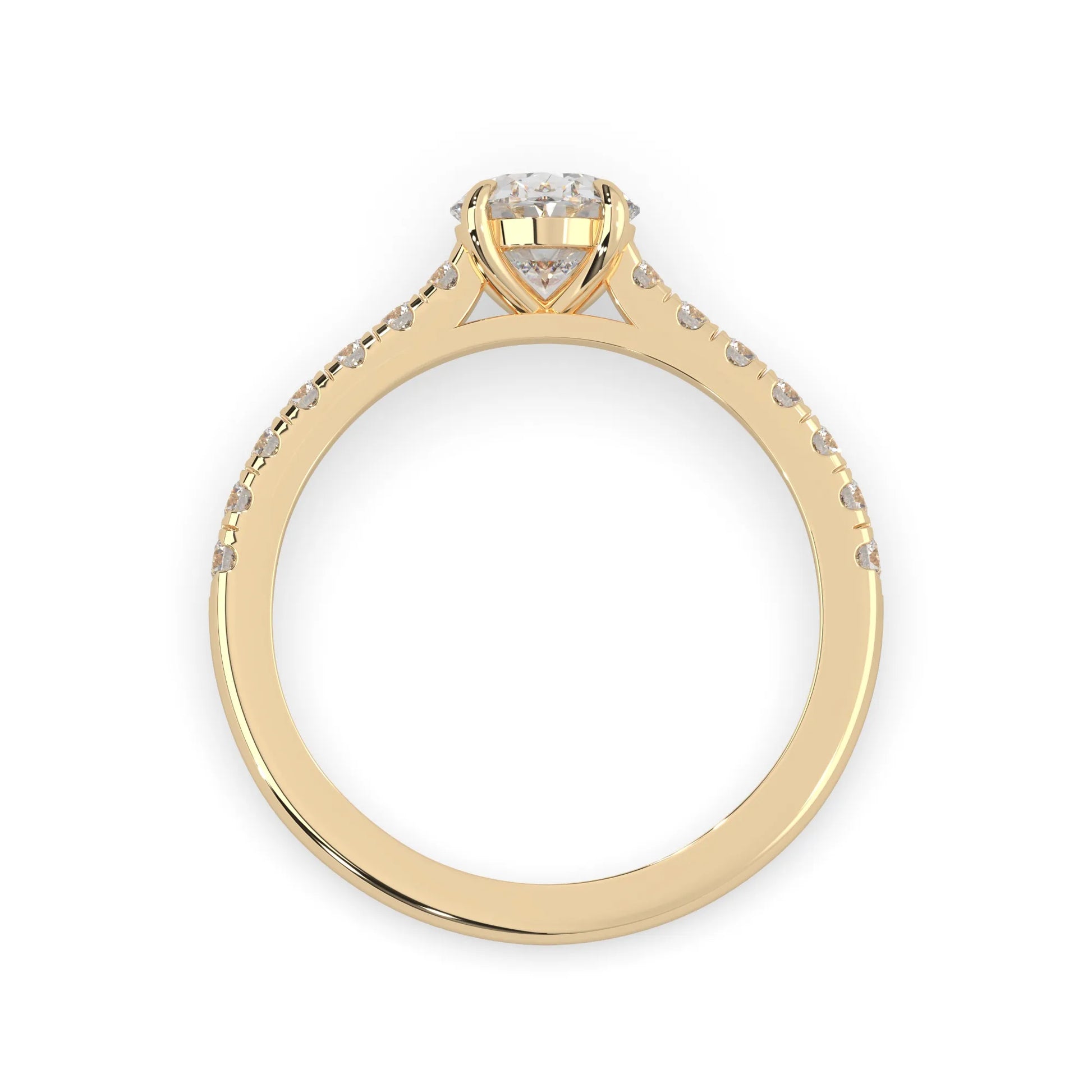 Oval cut lab grown diamond prong set engagement ring with pavé band and yellow gold  metal tone design