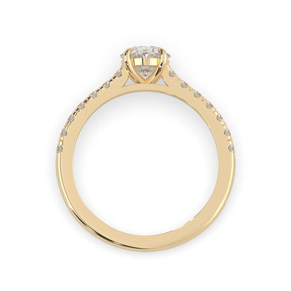 Oval cut lab grown diamond prong set engagement ring with pavé band and yellow gold  metal tone design