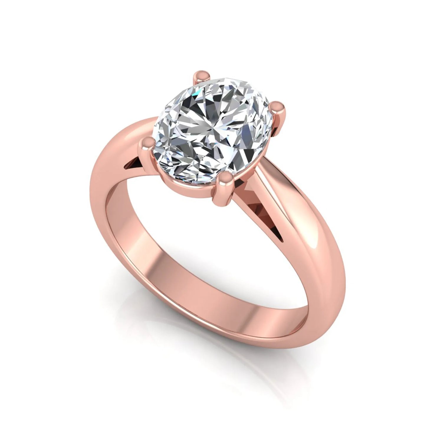 Oval cut lab grown diamond solitaire engagement ring with a four prong setting and rose gold tone band.