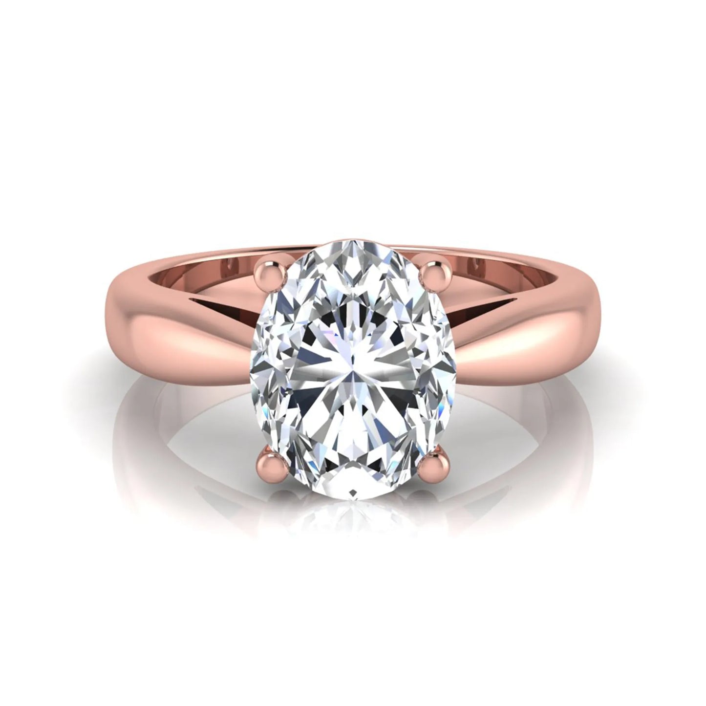 Oval cut lab grown diamond solitaire engagement ring with a four prong setting and rose gold tone band.