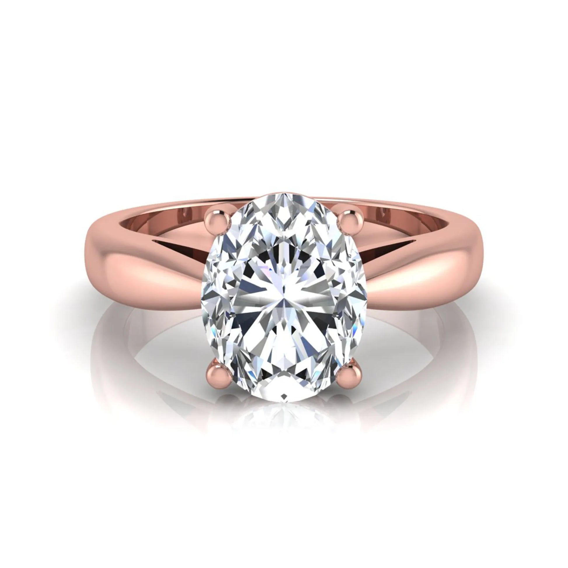 Oval cut lab grown diamond solitaire engagement ring with a four prong setting and rose gold tone band.