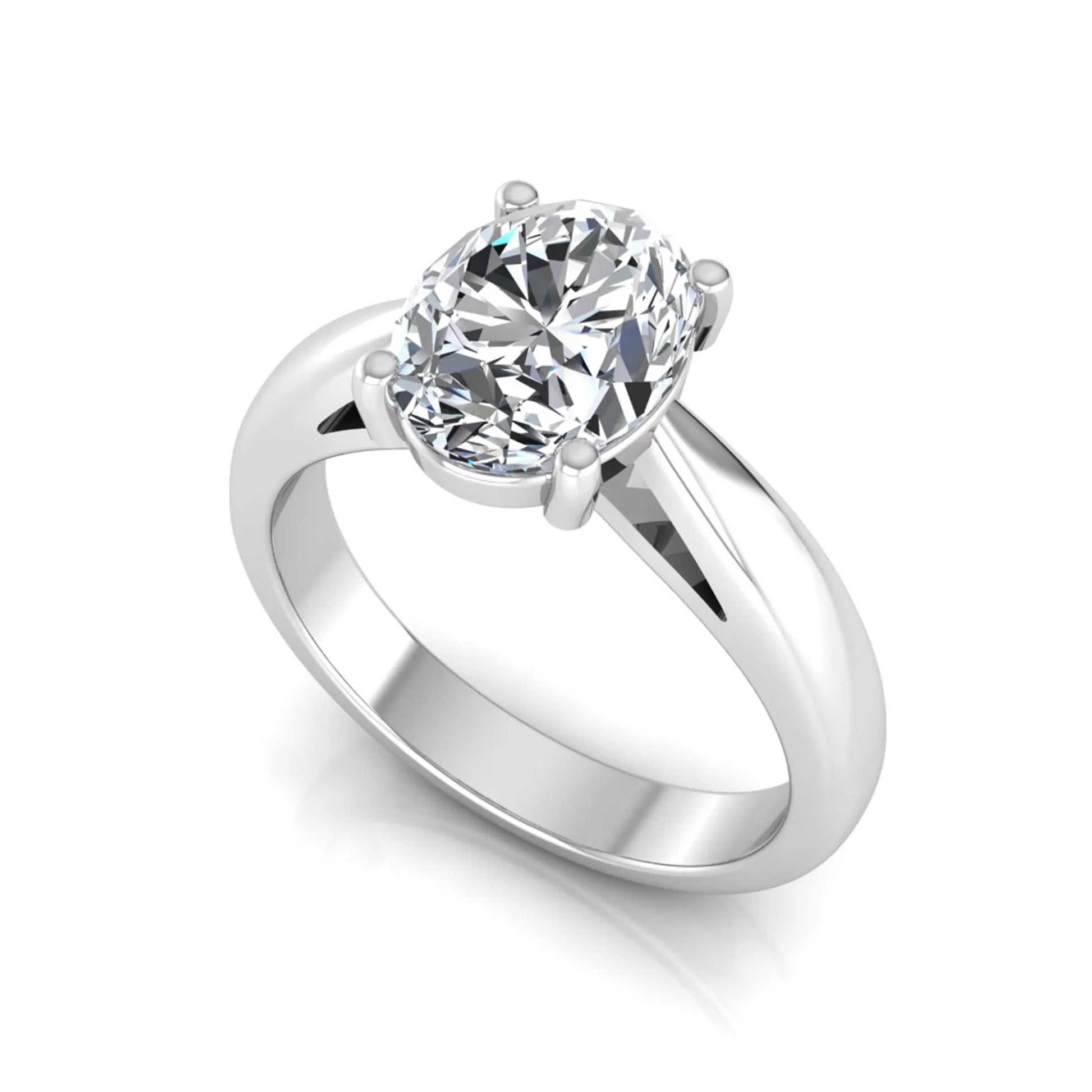 Oval cut lab grown diamond solitaire engagement ring with a four prong setting and white gold tone band.