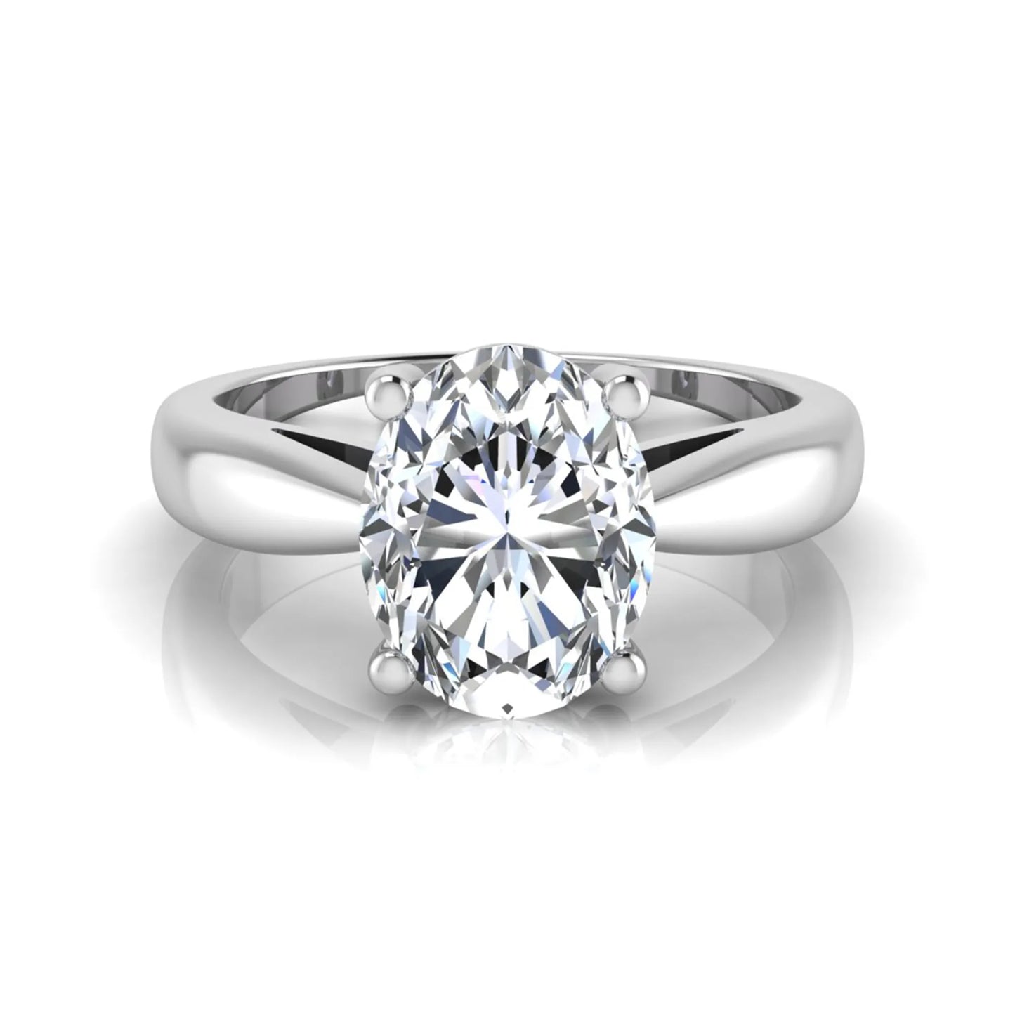 Oval cut lab grown diamond solitaire engagement ring with a four prong setting and white gold tone band.