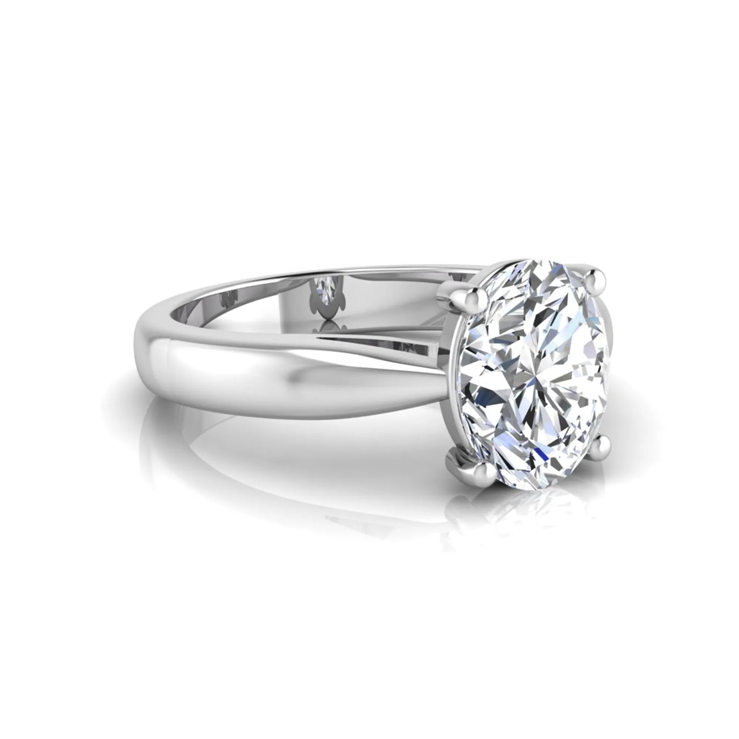 Oval cut lab grown diamond solitaire engagement ring with a four prong setting and white gold tone band.