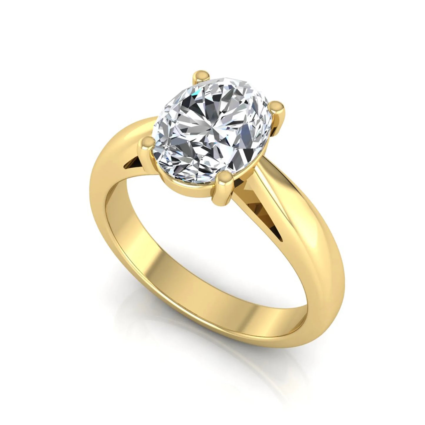 Oval cut lab grown diamond solitaire engagement ring with a four prong setting and yellow gold tone band.