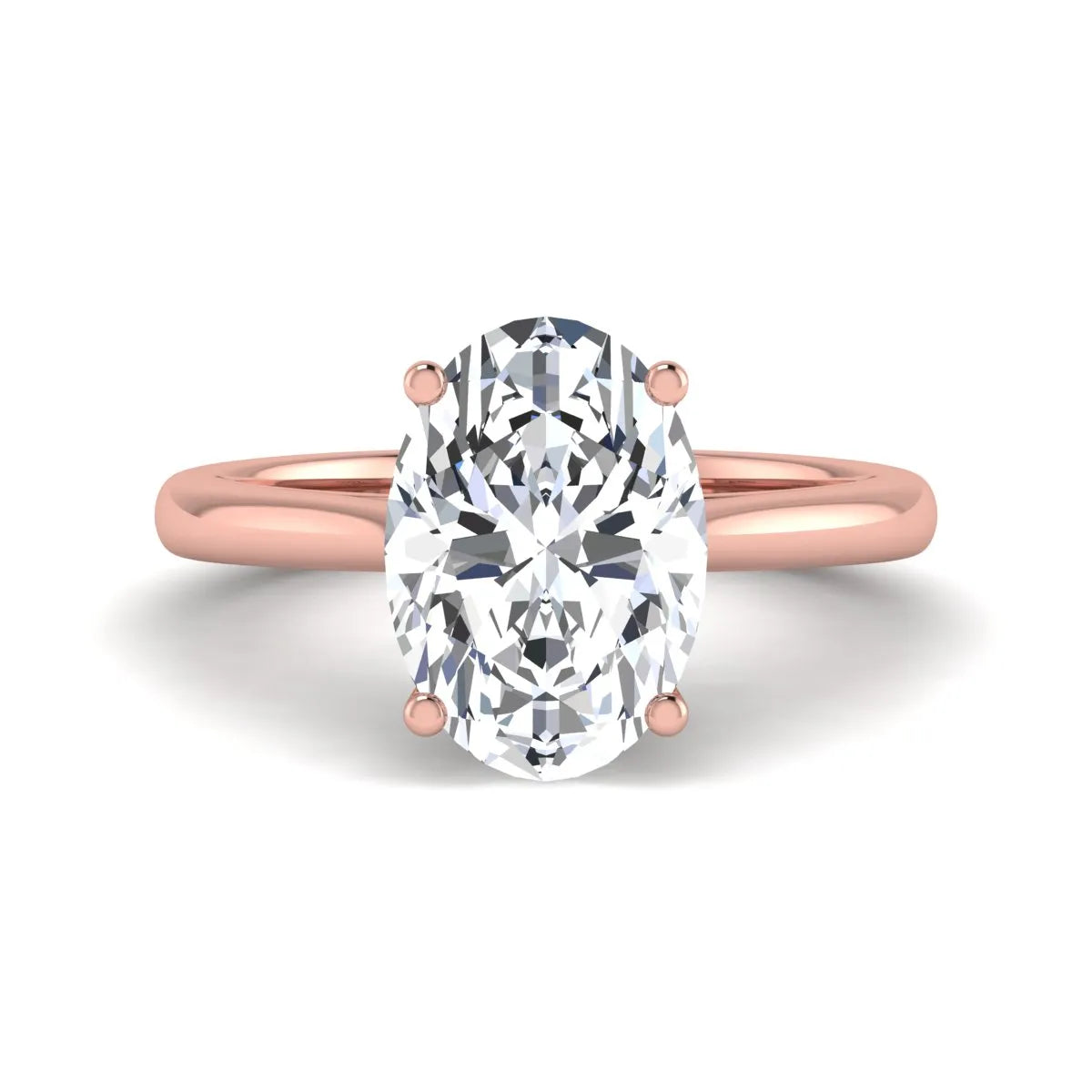 Oval cut lab grown diamond solitaire engagement ring with classic prong setting and rose gold tone shown for design reference.