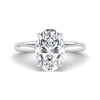 Oval cut lab grown diamond solitaire engagement ring with classic prong setting and white gold tone shown for design reference.