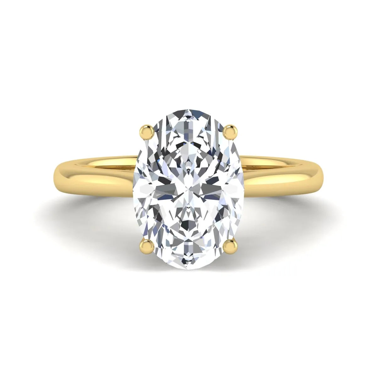 Oval cut lab grown diamond solitaire engagement ring with classic prong setting and yellow gold tone shown for design reference.