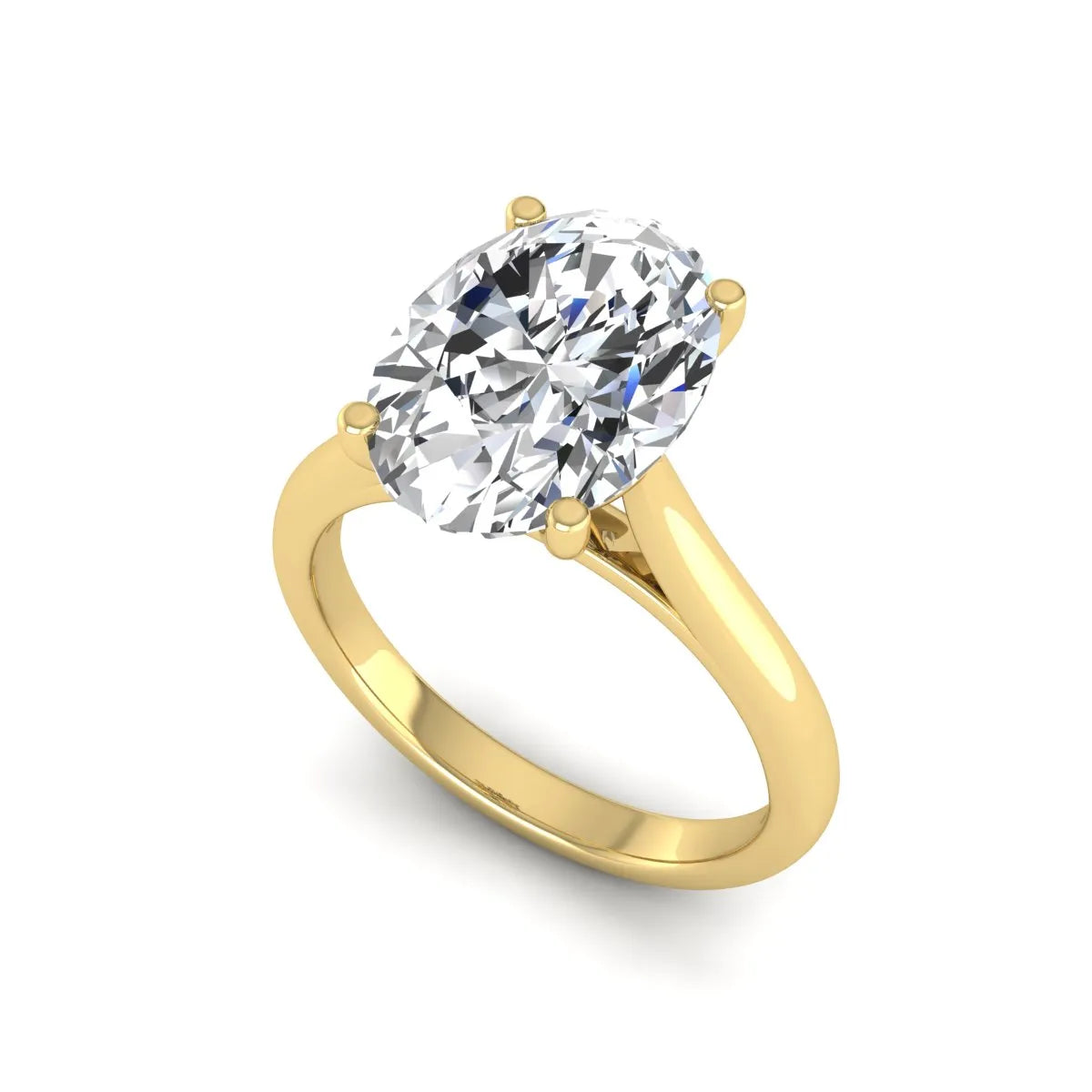 Oval cut lab grown diamond solitaire engagement ring with classic prong setting and yellow gold tone shown for design reference.
