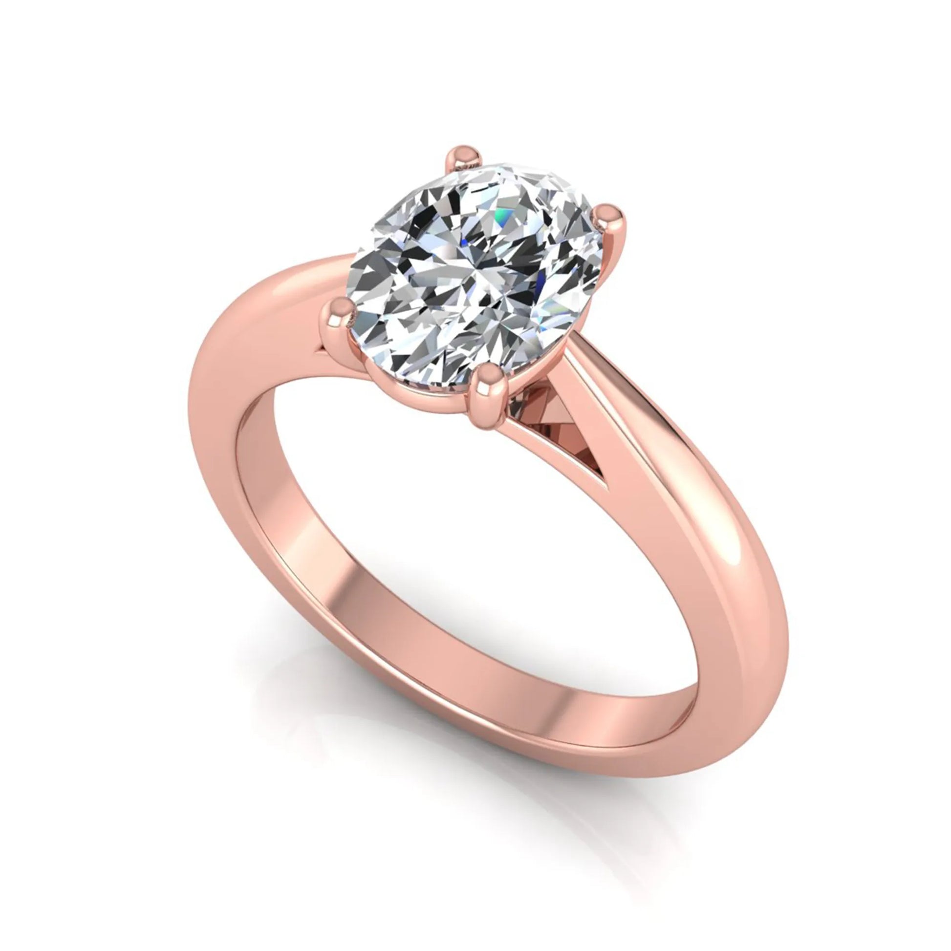 Oval cut lab grown diamond solitaire engagement ring featuring a classic four-prong setting with a polished rose gold cathedral-style band.