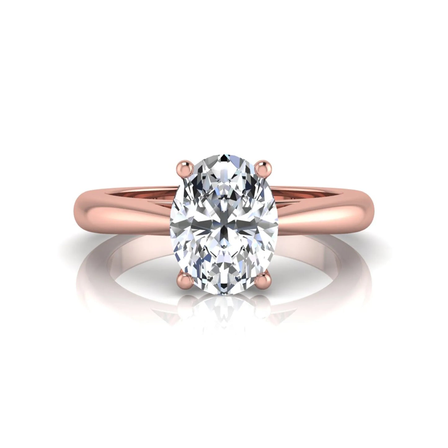 Oval cut lab grown diamond solitaire engagement ring featuring a classic four-prong setting with a polished rose gold cathedral-style band.