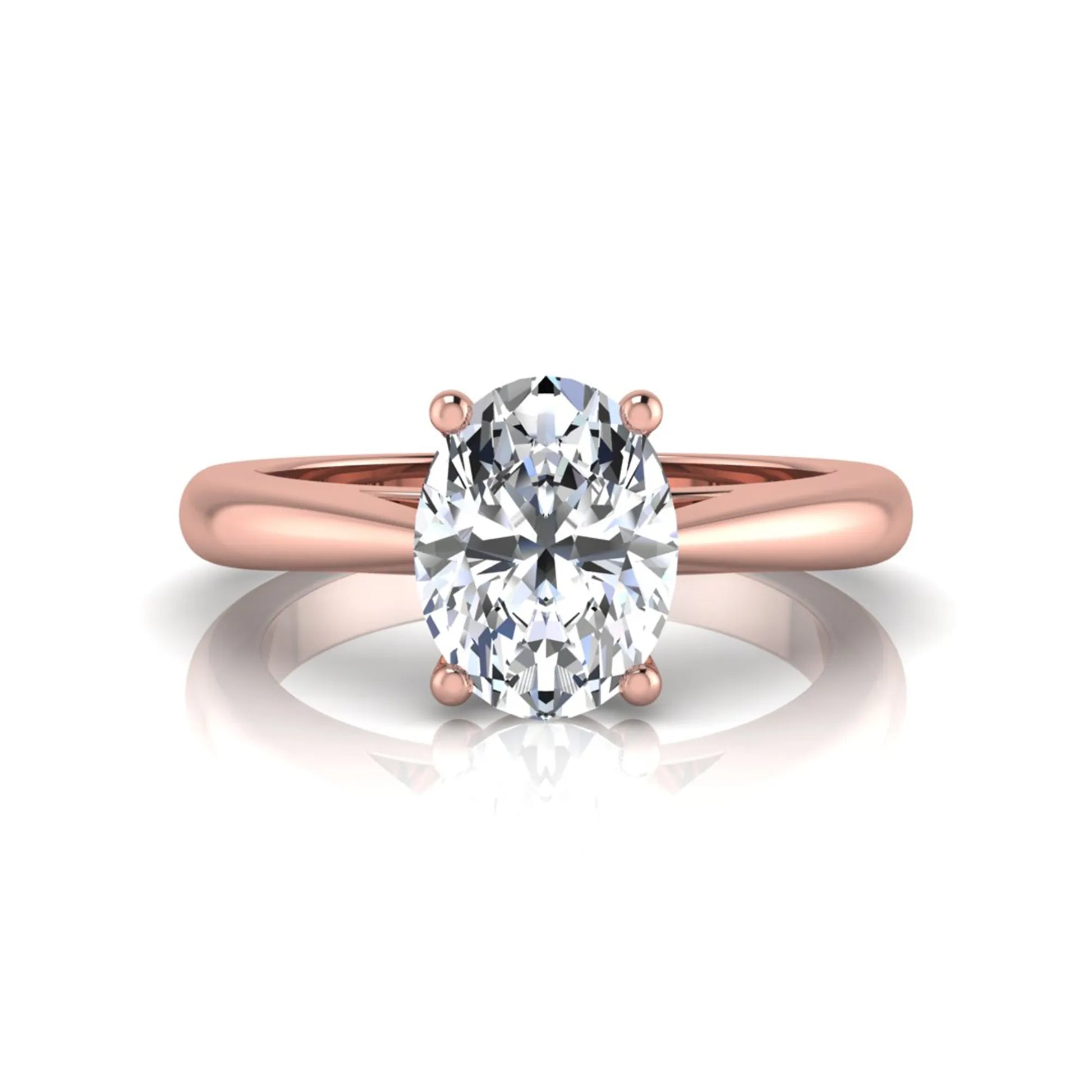 Oval cut lab grown diamond solitaire engagement ring featuring a classic four-prong setting with a polished rose gold cathedral-style band.