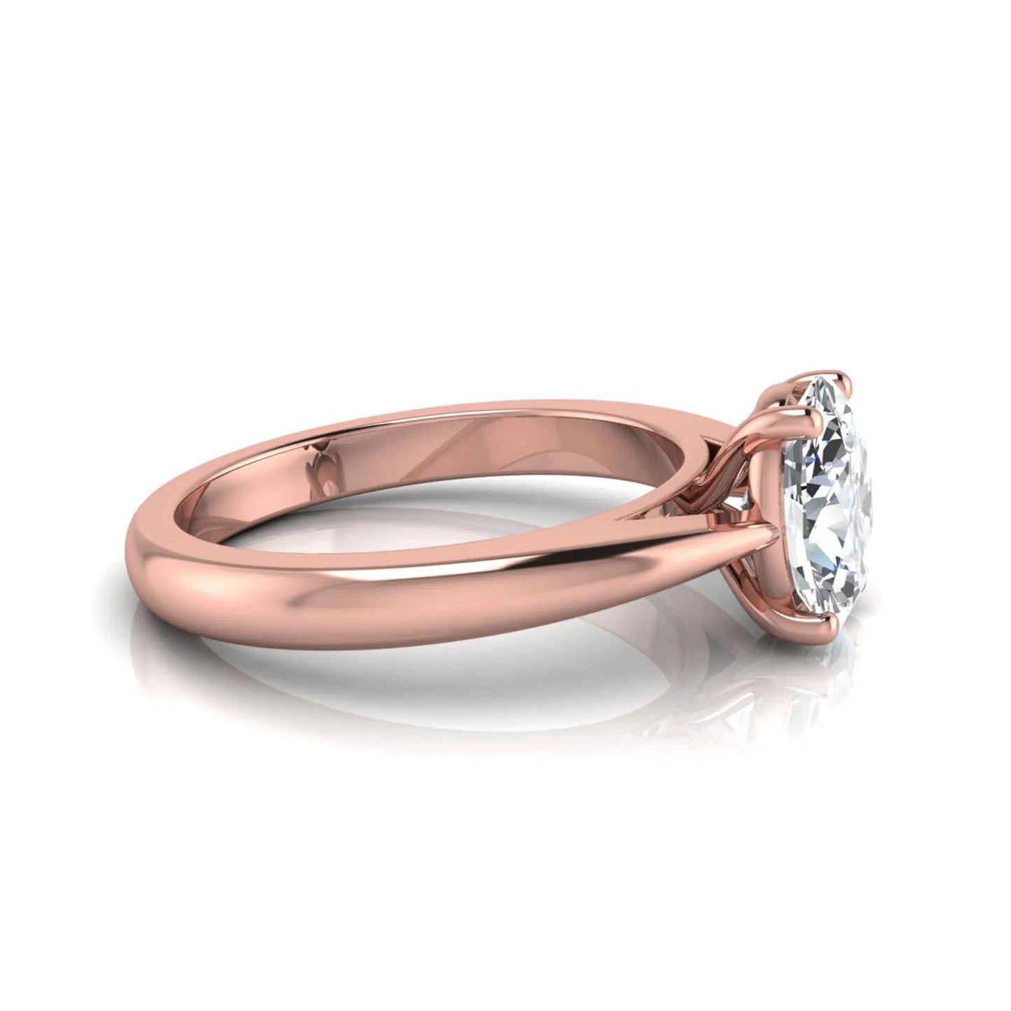 Oval cut lab grown diamond solitaire engagement ring featuring a classic four-prong setting with a polished rose gold cathedral-style band.