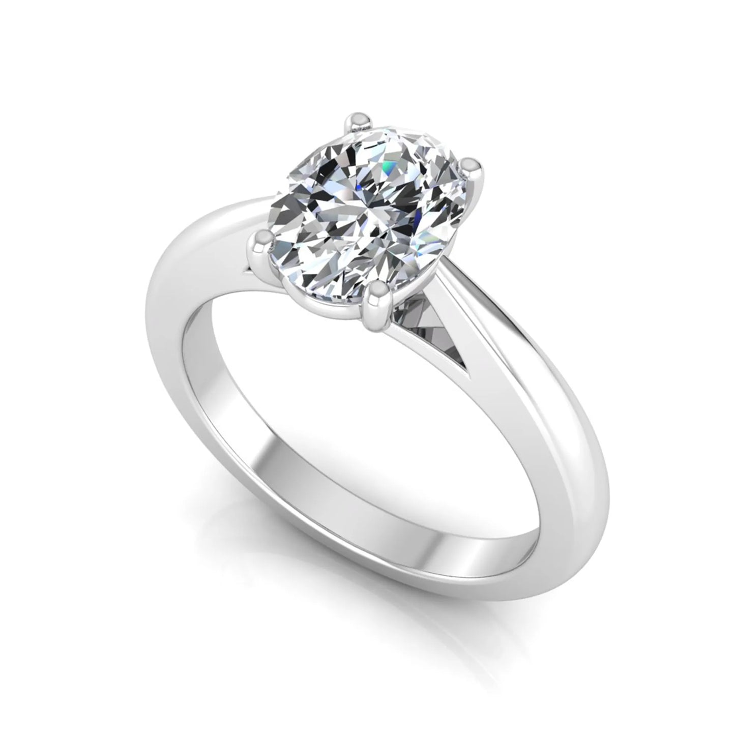 Oval cut lab grown diamond solitaire engagement ring featuring a classic four-prong setting with a polished white gold cathedral-style band.