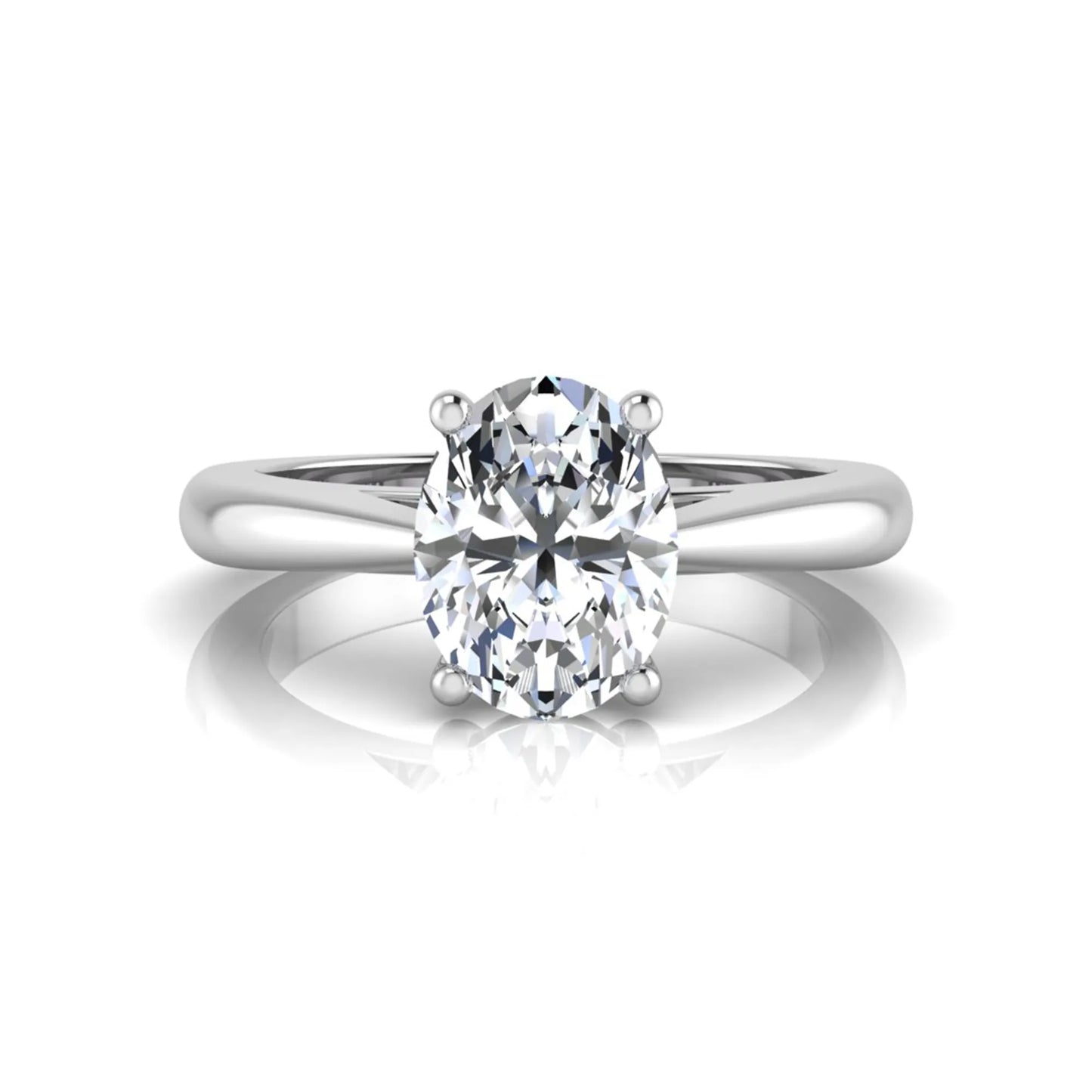 Oval cut lab grown diamond solitaire engagement ring featuring a classic four-prong setting with a polished white gold cathedral-style band.