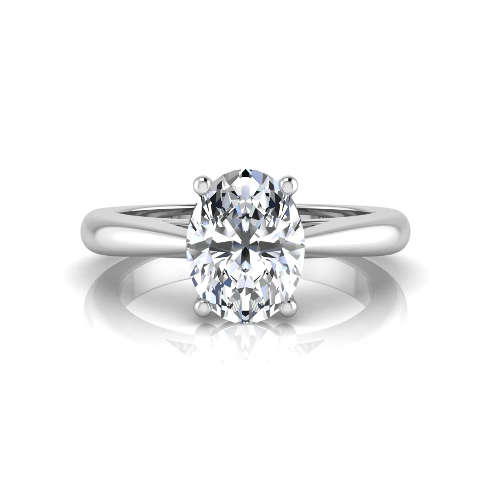 Oval cut lab grown diamond solitaire engagement ring featuring a classic four-prong setting with a polished white gold cathedral-style band.