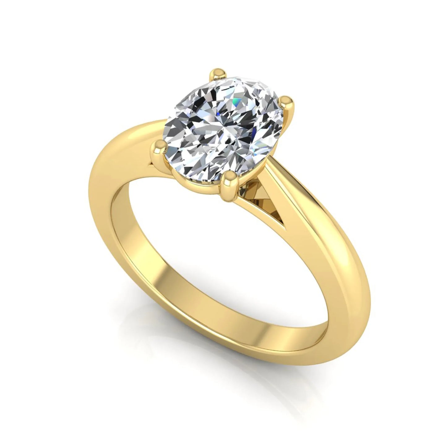 Oval cut lab grown diamond solitaire engagement ring featuring a classic four-prong setting with a polished yellow gold cathedral-style band.