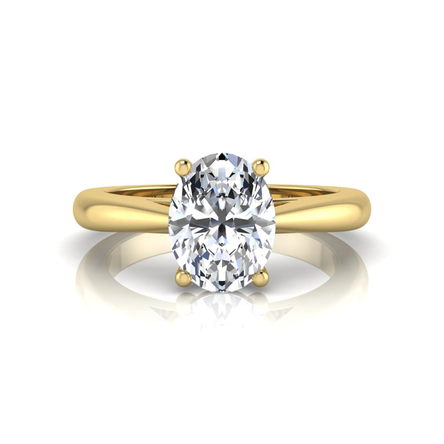 Oval cut lab grown diamond solitaire engagement ring featuring a classic four-prong setting with a polished yellow gold cathedral-style band.