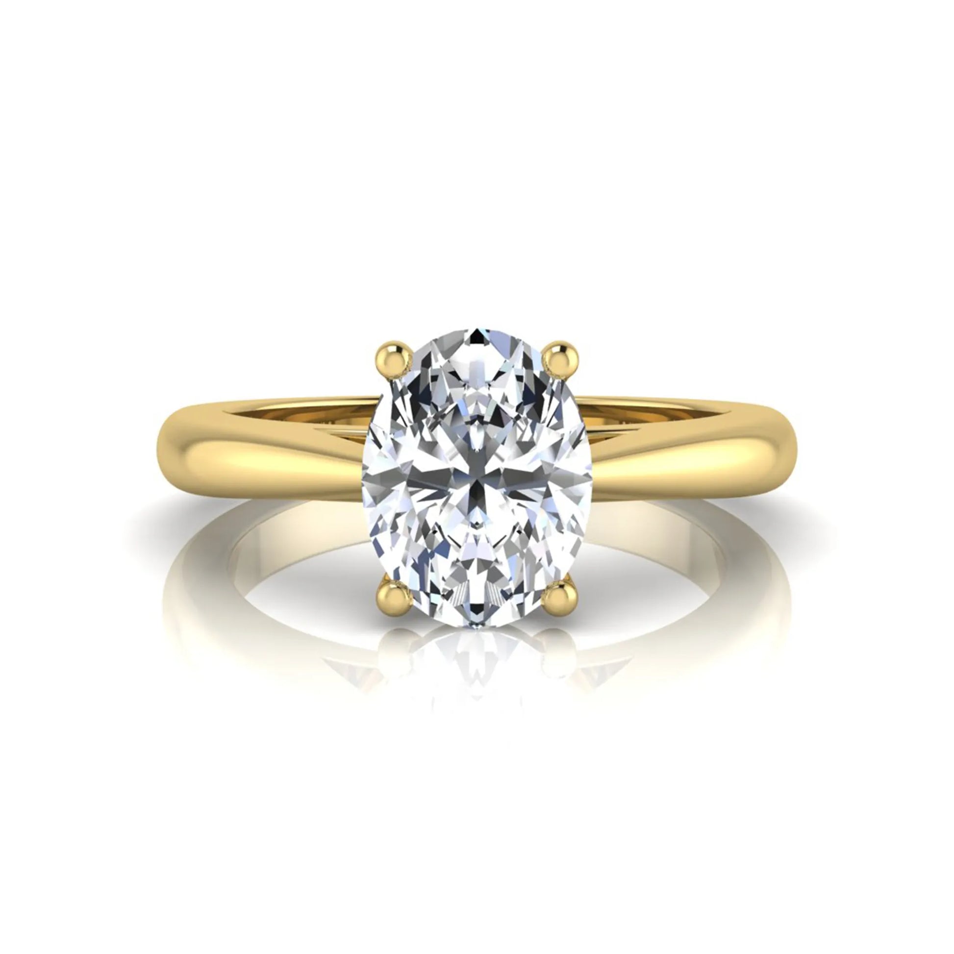 Oval cut lab grown diamond solitaire engagement ring featuring a classic four-prong setting with a polished yellow gold cathedral-style band.