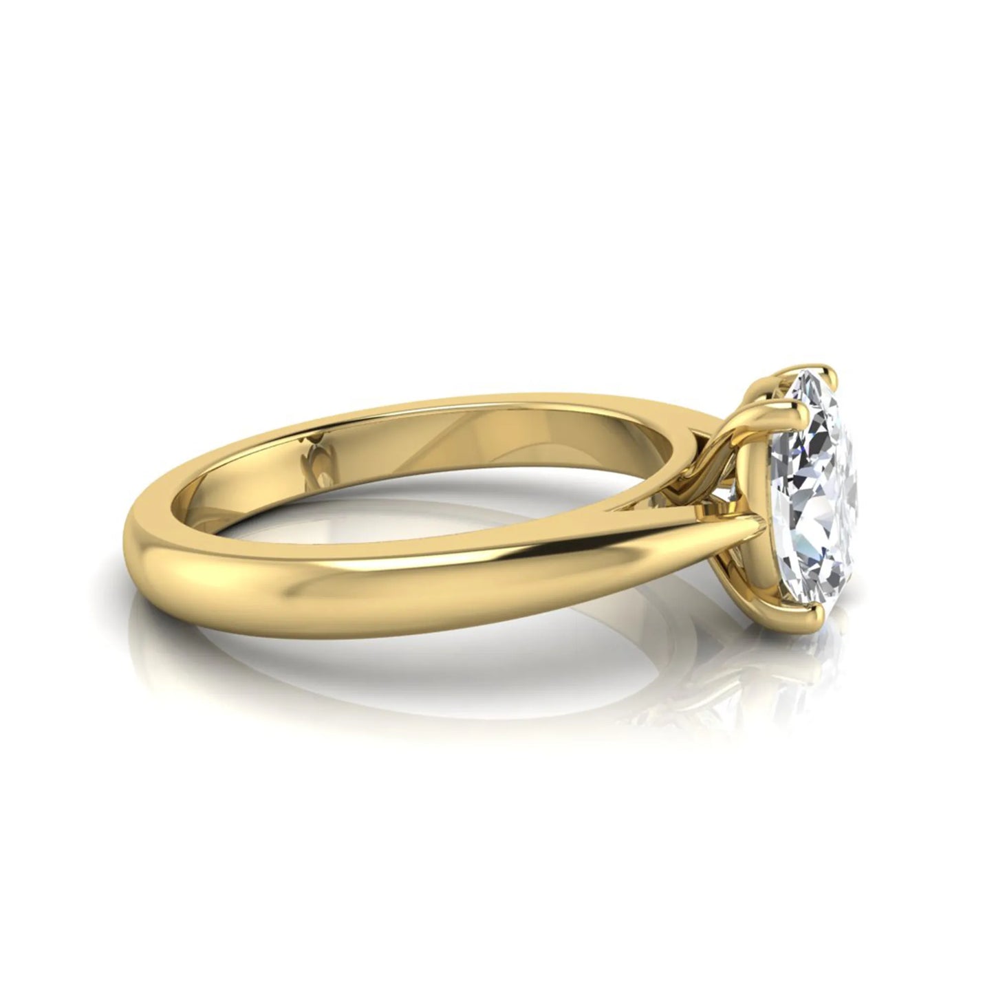 Oval cut lab grown diamond solitaire engagement ring featuring a classic four-prong setting with a polished yellow gold cathedral-style band.