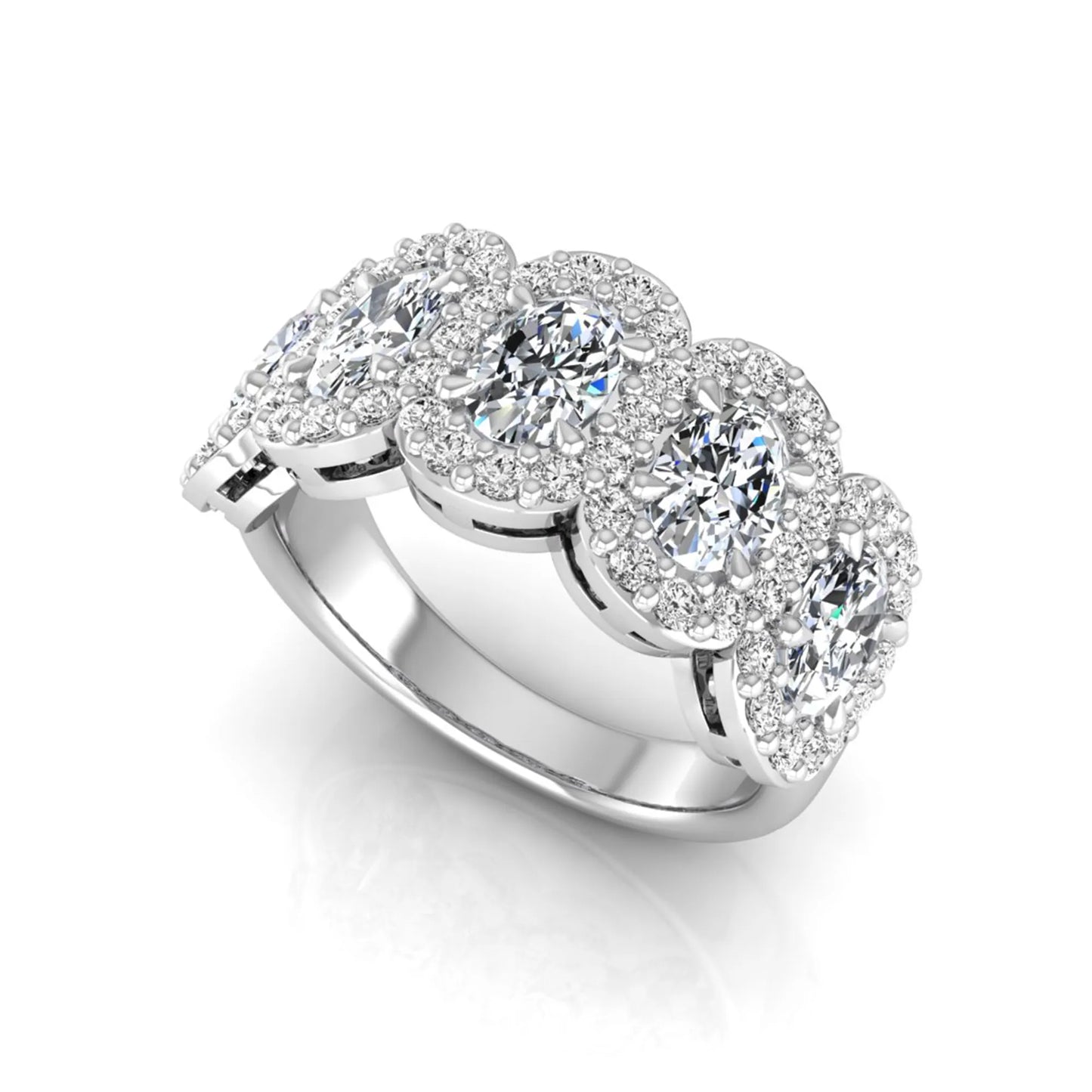 Oval and round cut lab grown diamond halo band ring featuring multiple oval diamonds with sparkling round halo accents in white gold design