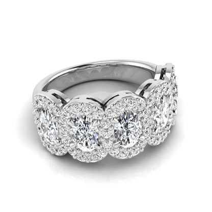 Oval and round cut lab grown diamond halo band ring featuring multiple oval diamonds with sparkling round halo accents in white gold design