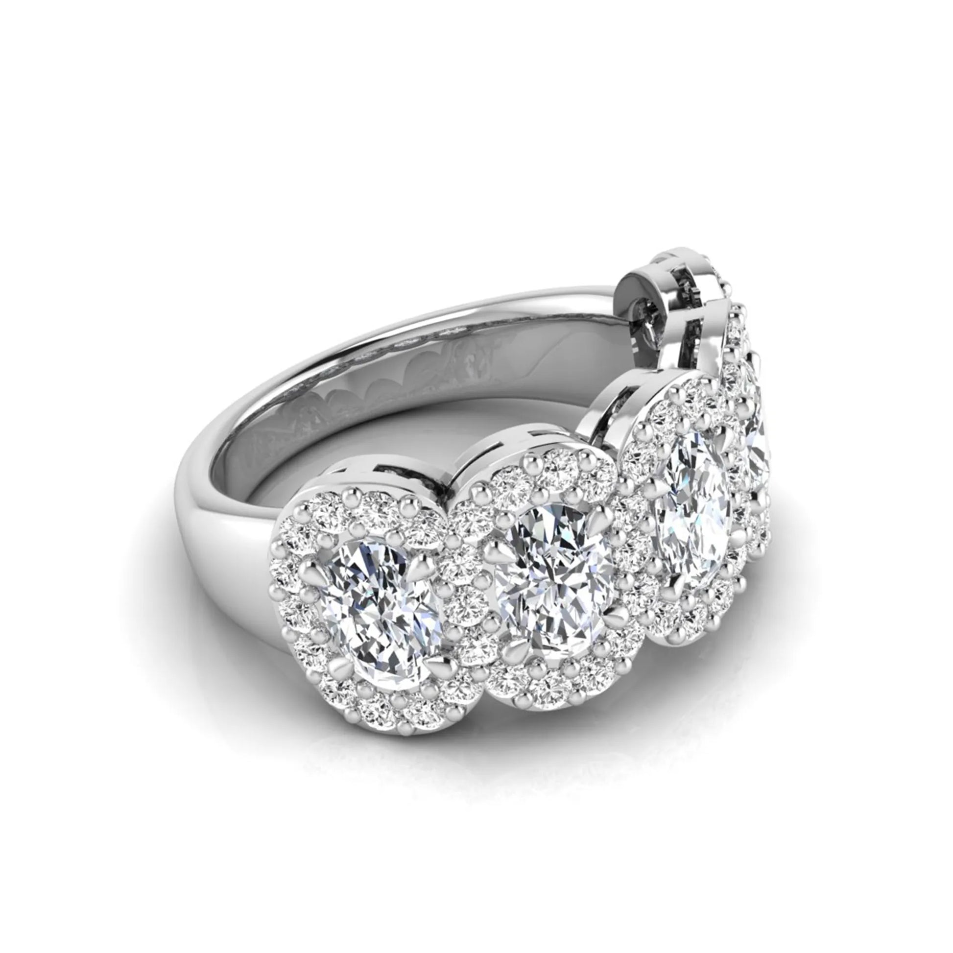 Oval and round cut lab grown diamond halo band ring featuring multiple oval diamonds with sparkling round halo accents in white gold design