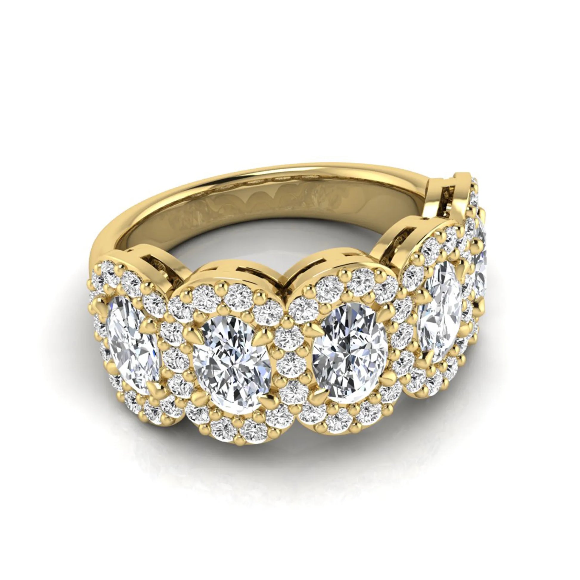 Oval and round cut lab grown diamond halo band ring featuring multiple oval diamonds with sparkling round halo accents in yellow gold design