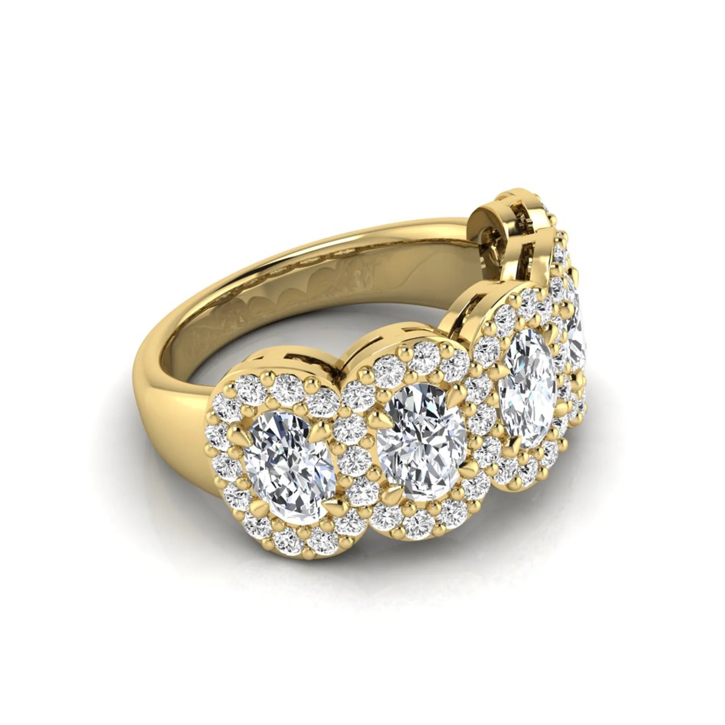 Oval and round cut lab grown diamond halo band ring featuring multiple oval diamonds with sparkling round halo accents in yellow gold design
