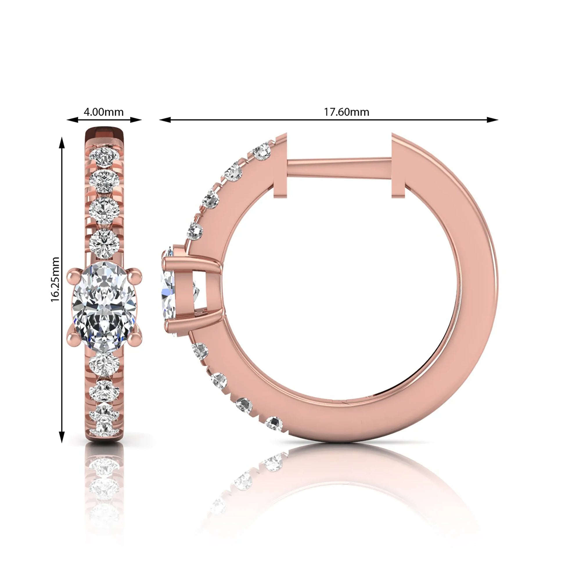 Oval and round lab grown diamond pavé huggie hoop earrings featuring a four prong oval center diamond with graduated shared prong round diamond accents in rose gold.