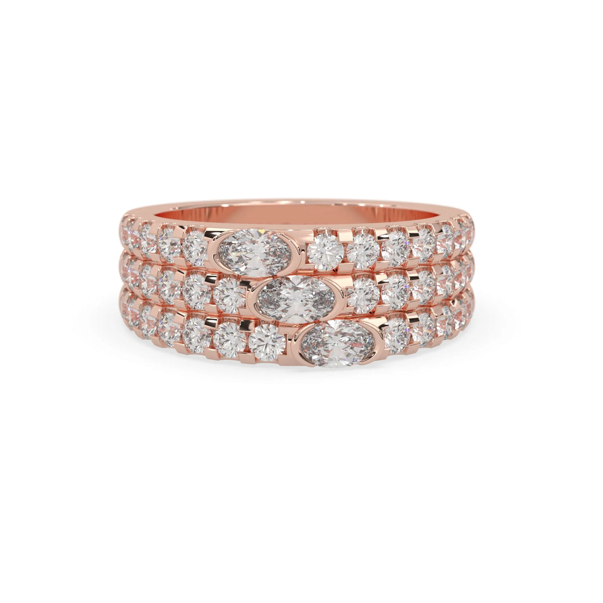 Oval and round three row lab grown diamond pave cocktail ring with pavé detailing in rose gold