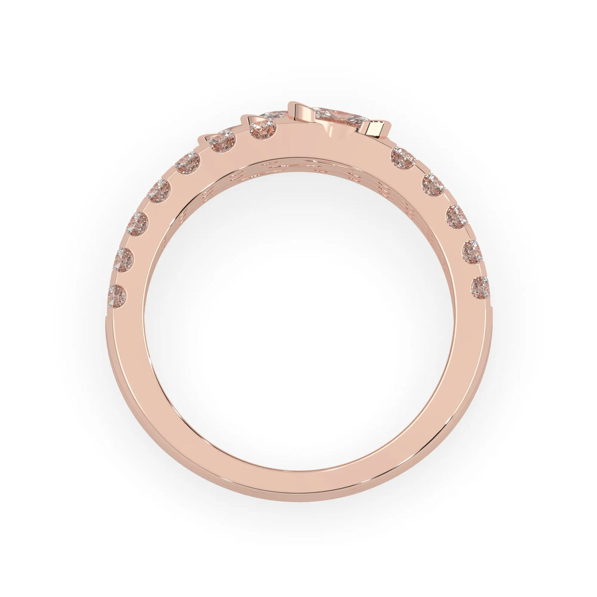 Oval and round three row lab grown diamond pave cocktail ring with pavé detailing in rose gold