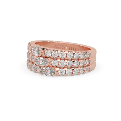 Oval and round three row lab grown diamond pave cocktail ring with pavé detailing in rose gold