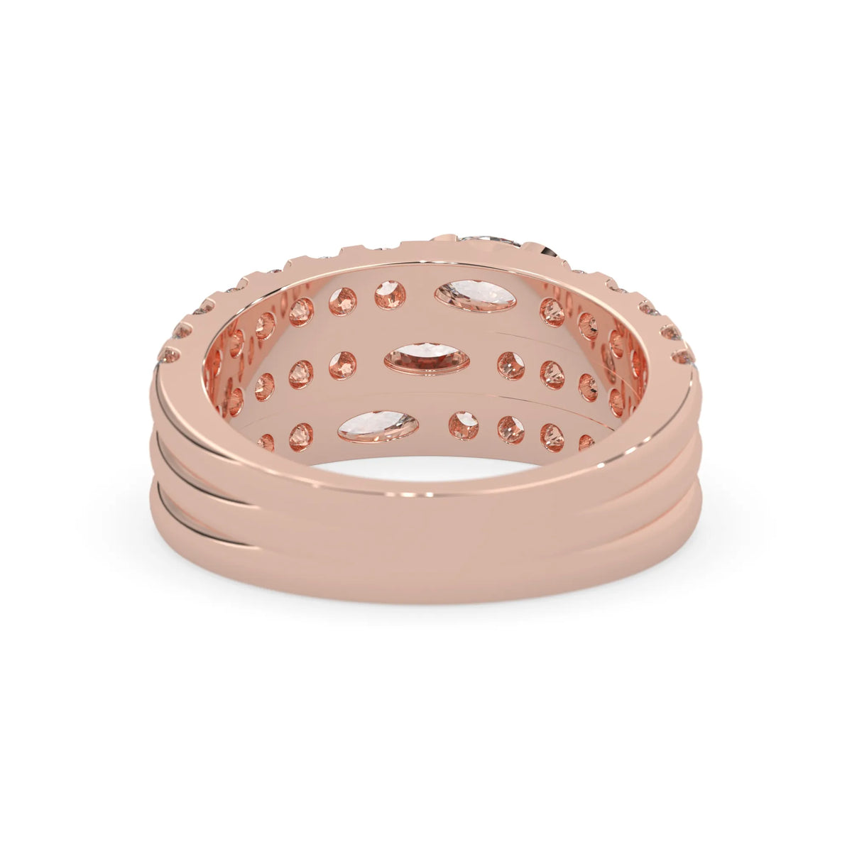 Oval and round three row lab grown diamond pave cocktail ring with pavé detailing in rose gold