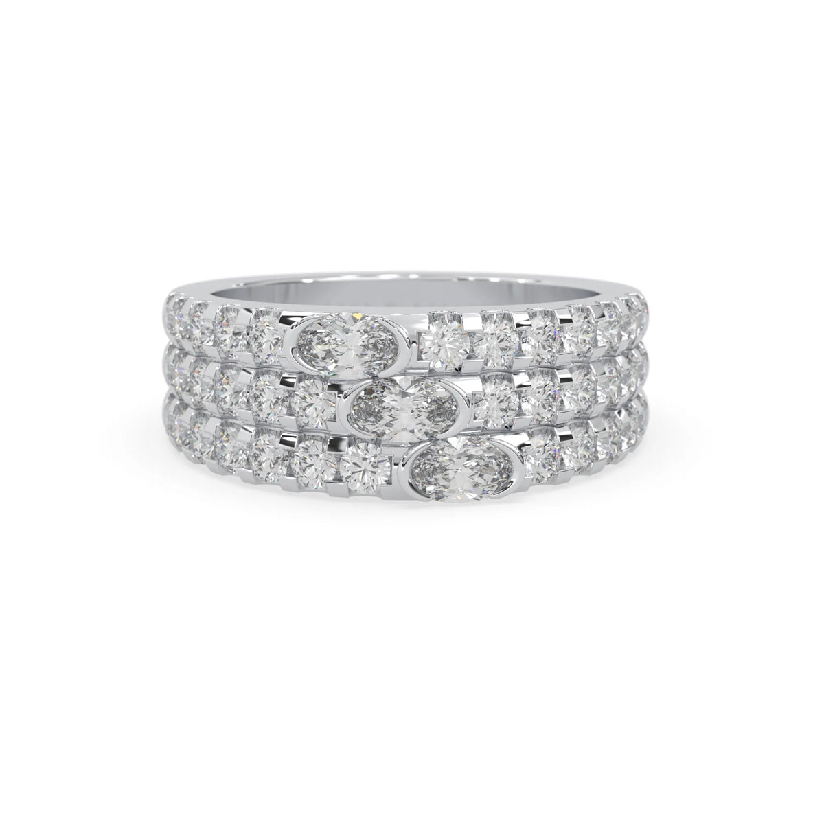 Oval and round three row lab grown diamond pave cocktail ring with pavé detailing in white gold