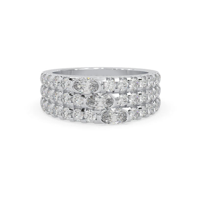 Oval and round three row lab grown diamond pave cocktail ring with pavé detailing in white gold