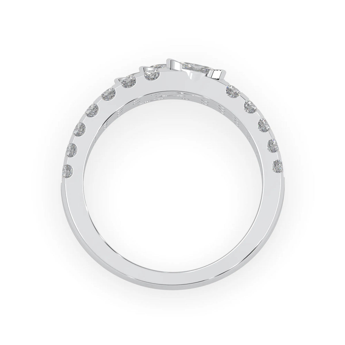 Oval and round three row lab grown diamond pave cocktail ring with pavé detailing in white gold