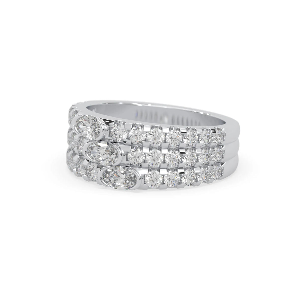 Oval and round three row lab grown diamond pave cocktail ring with pavé detailing in white gold